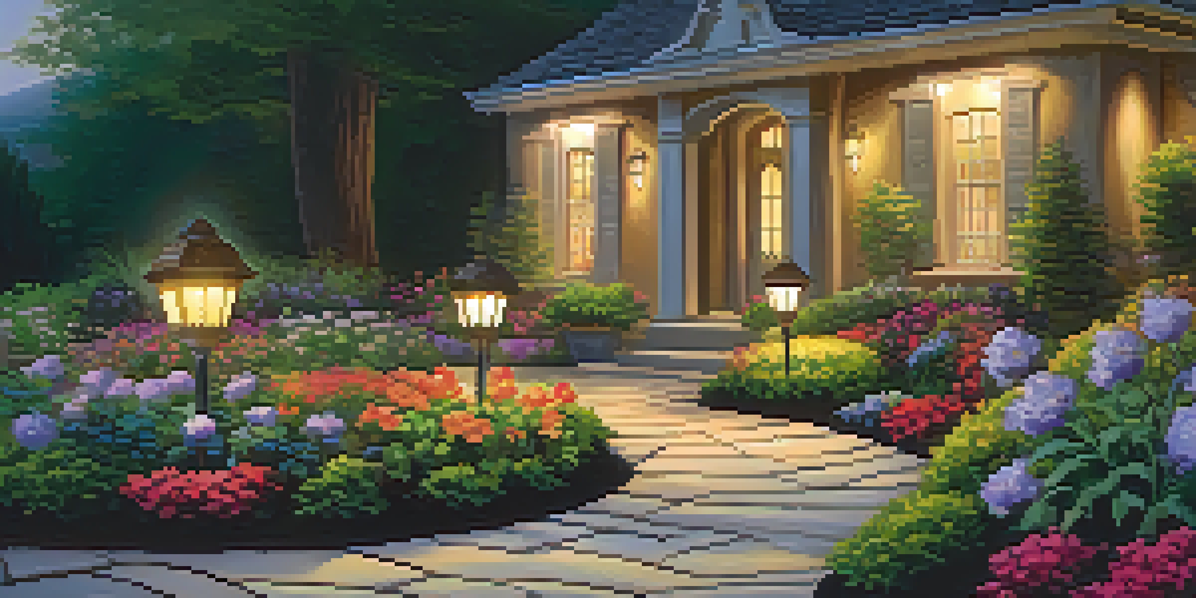 A beautifully landscaped pathway with colorful flowers and soft lighting leading to a front door.