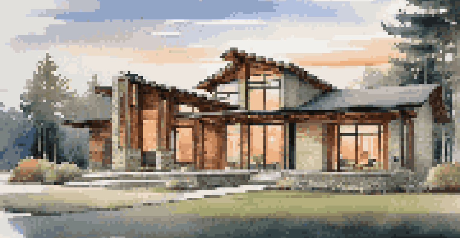 A modern home with eco-friendly materials, large windows, and a stylish front porch illuminated at dusk.