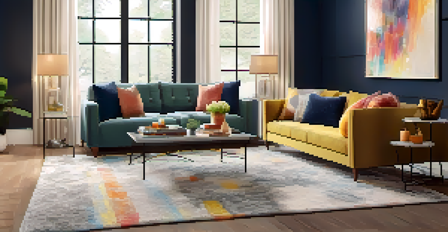 A cozy living room with a sectional sofa, coffee table, and soft lighting, featuring colorful decor.