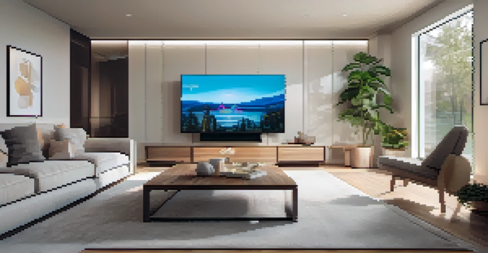A contemporary living room with smart home devices, including a smart TV, colorful lights, and a thermostat, illuminated by natural sunlight.