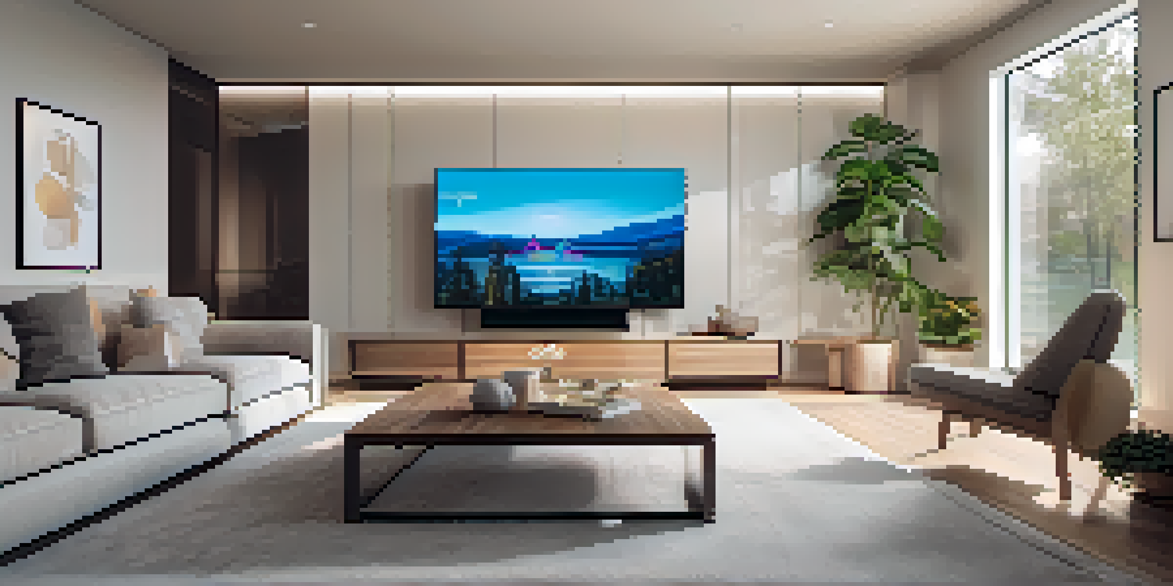 A contemporary living room with smart home devices, including a smart TV, colorful lights, and a thermostat, illuminated by natural sunlight.