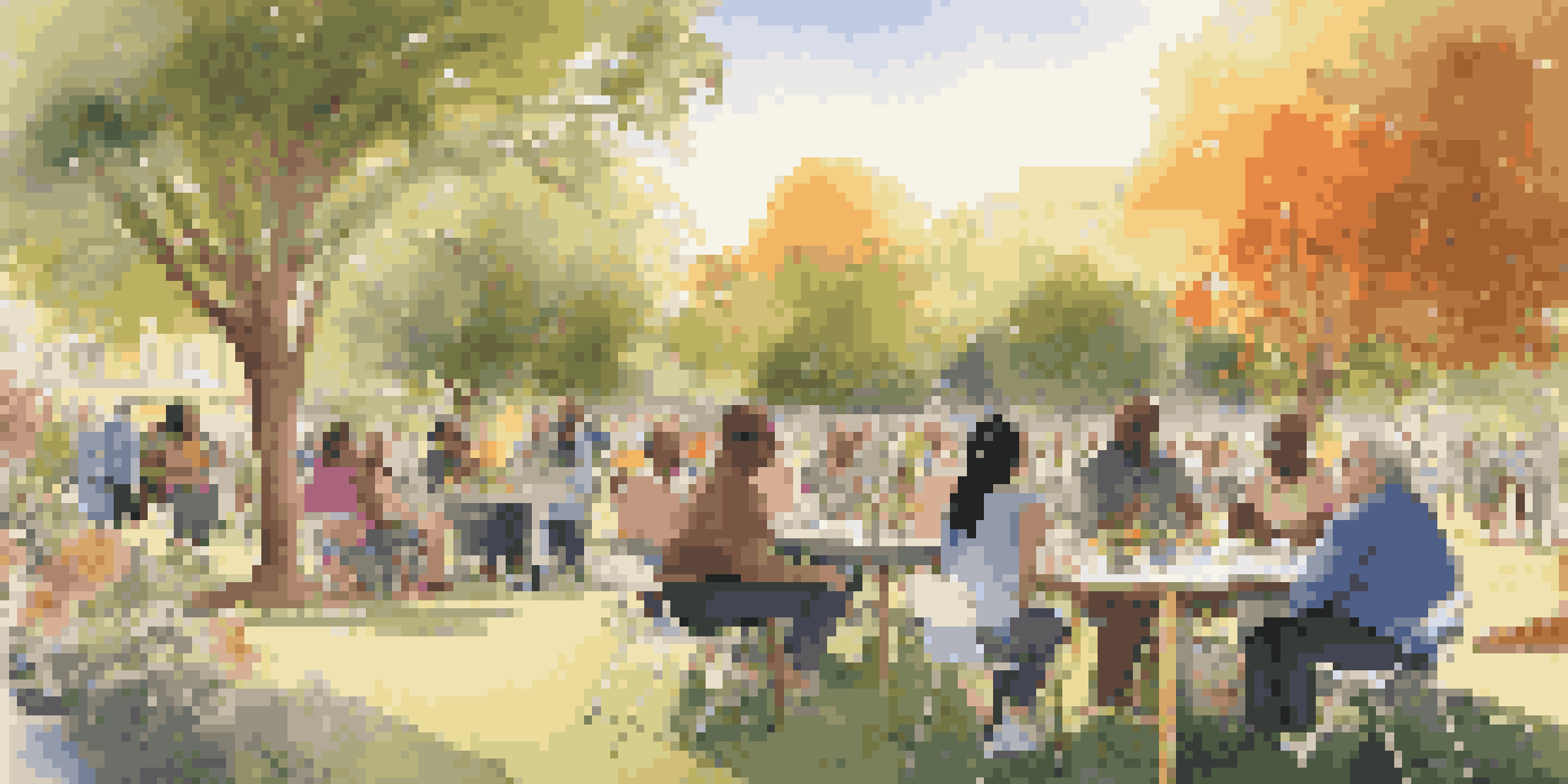A diverse group of people in a park, discussing and interacting with each other amidst vibrant greenery and flowers, with a sunset in the background.