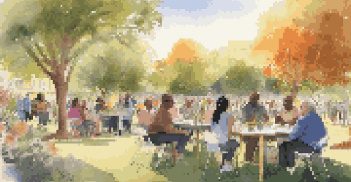 A diverse group of people in a park, discussing and interacting with each other amidst vibrant greenery and flowers, with a sunset in the background.