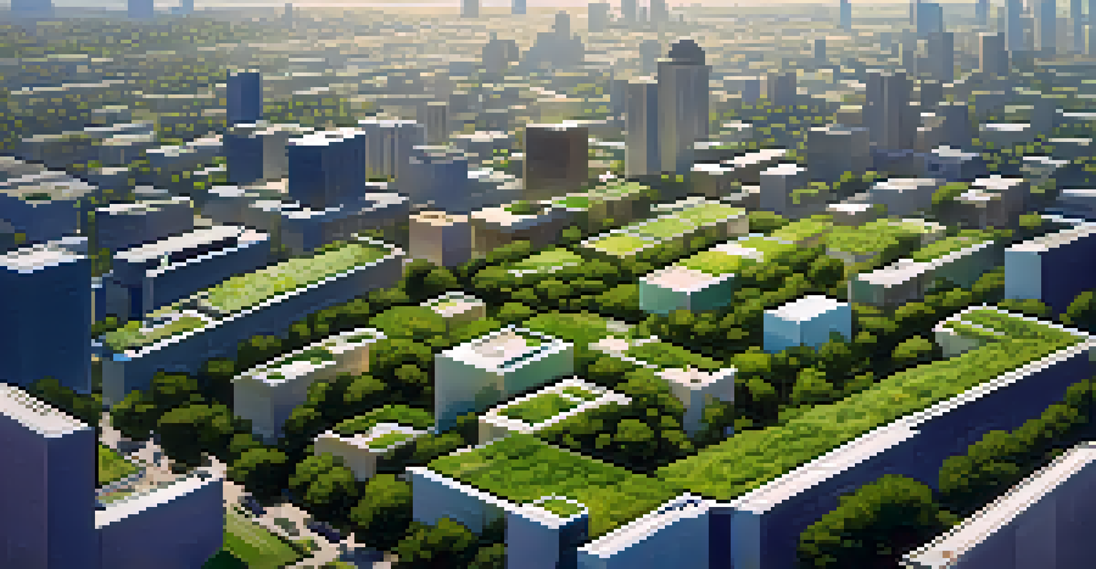 An aerial view of a city with several buildings topped with green roofs, surrounded by parks and trees under a blue sky.