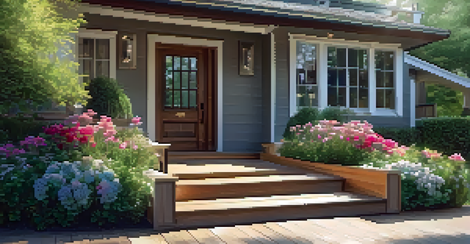 A wooden ramp leading to a front door, surrounded by flowers and greenery, with sunlight creating shadows.