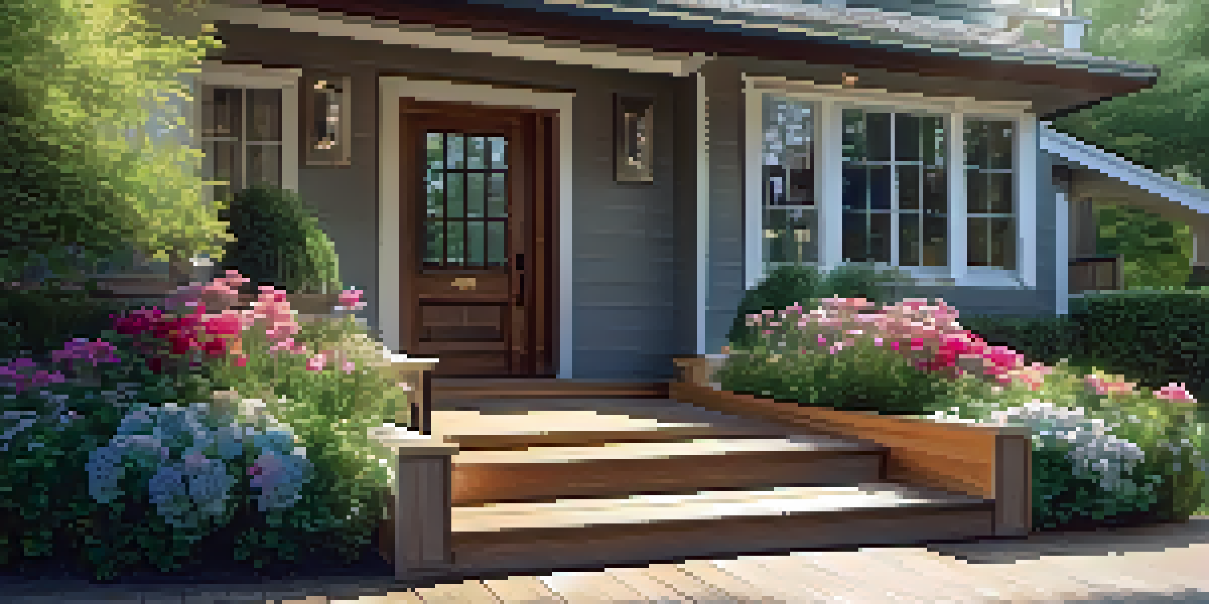 A wooden ramp leading to a front door, surrounded by flowers and greenery, with sunlight creating shadows.