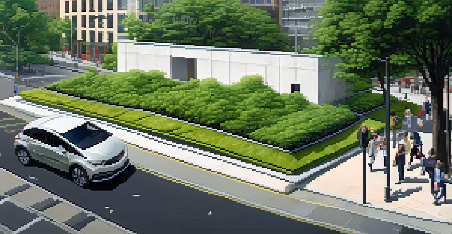 A modern building with a green roof, surrounded by pedestrians walking on a tree-lined sidewalk.