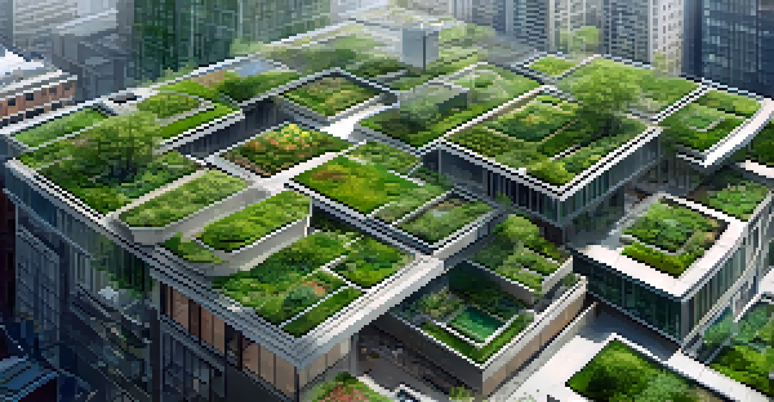 An aerial view of a city showcasing multiple green roofs with diverse plant life, highlighting urban greenery amidst concrete buildings.