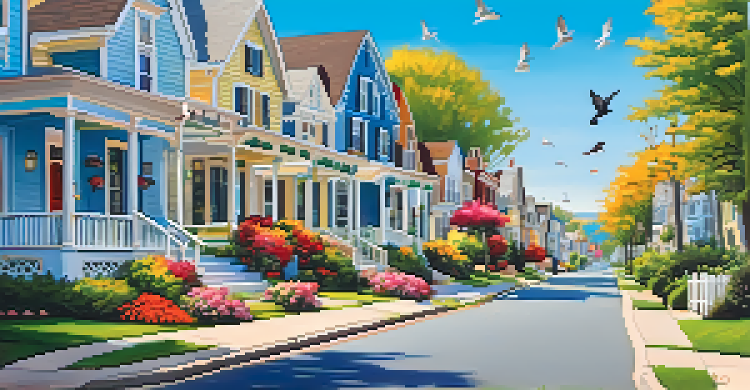 A charming neighborhood street with colorful houses and flowers, set under a clear blue sky.