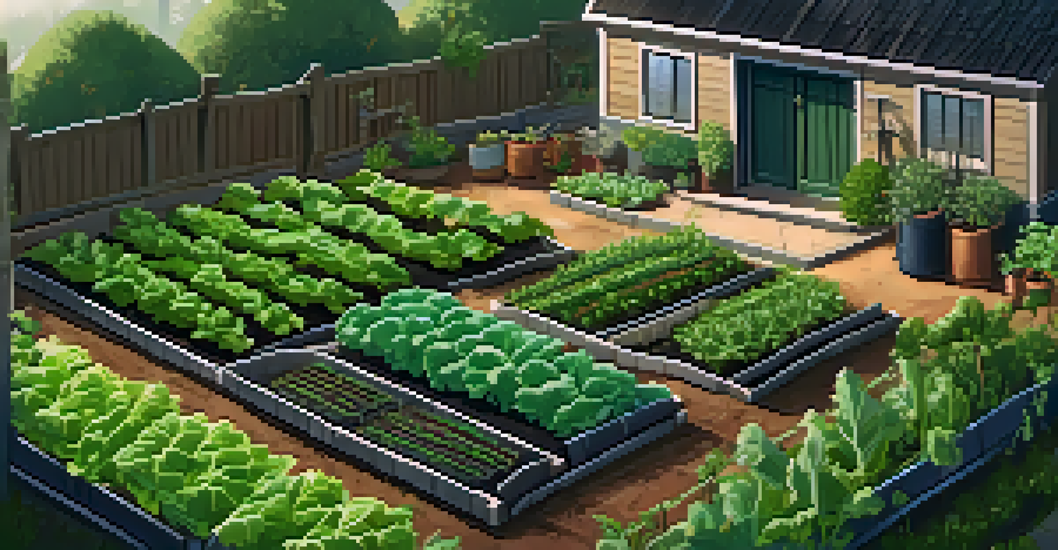 An overhead view of a vegetable garden with drip irrigation and a rainwater harvesting barrel.