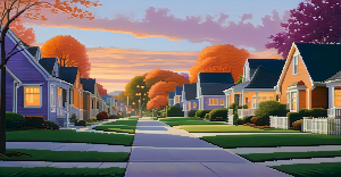 A picturesque suburban neighborhood during sunset with two people walking hand-in-hand.