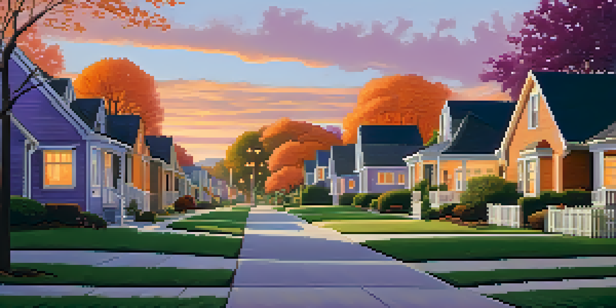A picturesque suburban neighborhood during sunset with two people walking hand-in-hand.