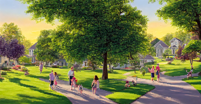 A peaceful suburban neighborhood at sunset with families walking dogs and colorful skies.