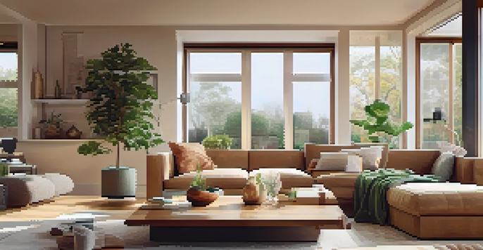 A modern living room with smart home devices, featuring a thermostat, automated blinds, and a smart speaker, all bathed in natural light.