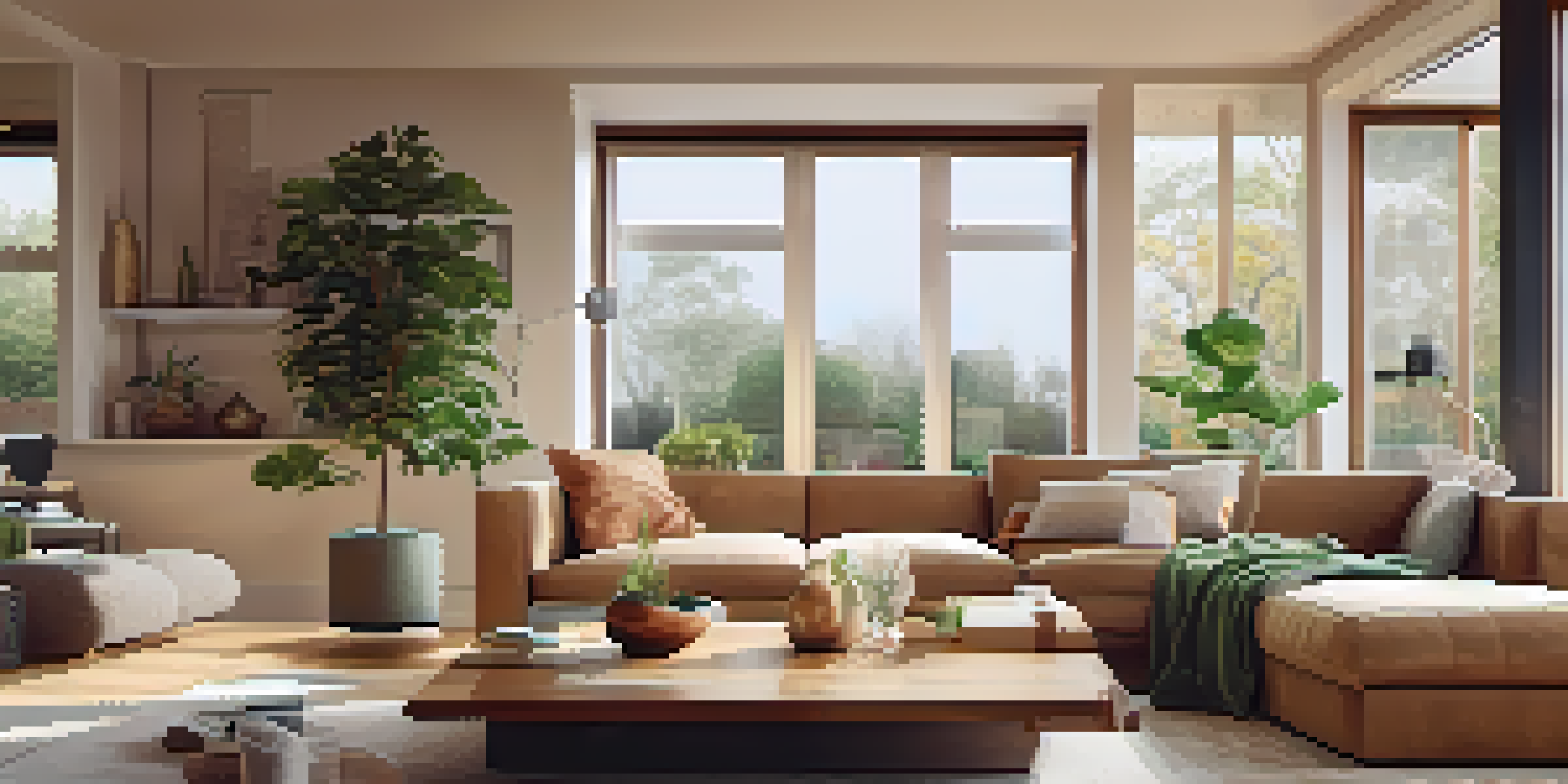 A modern living room with smart home devices, featuring a thermostat, automated blinds, and a smart speaker, all bathed in natural light.