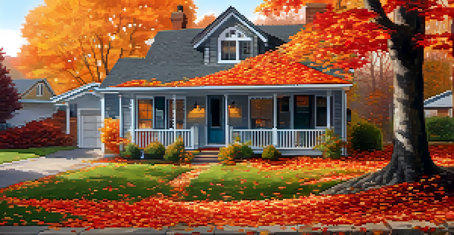 An autumn scene with colorful leaves around a house featuring a clean roof and gutters filled with leaves.