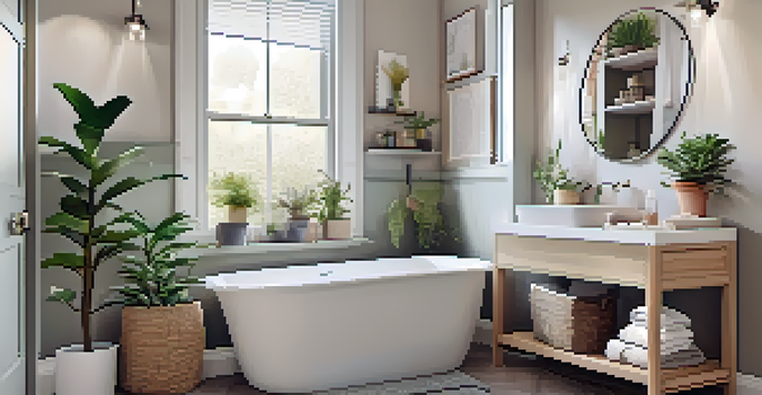 A small bathroom with floating shelves above the toilet, decorated with plants and baskets, and a large mirror reflecting natural light.