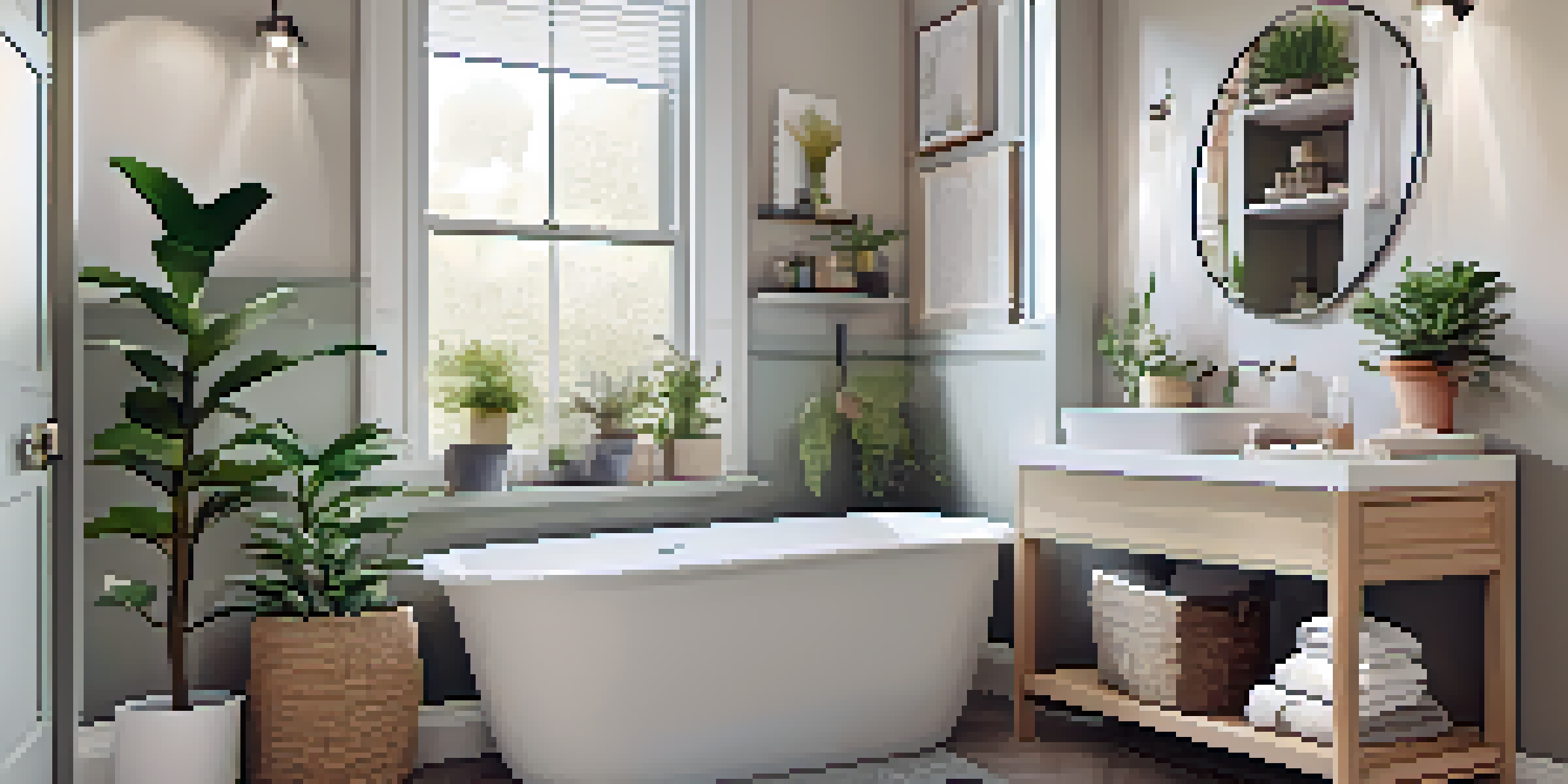 A small bathroom with floating shelves above the toilet, decorated with plants and baskets, and a large mirror reflecting natural light.
