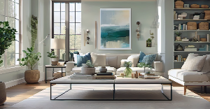 A staged living room with neutral colors, textured pillows, and an abstract art piece, illuminated by natural light.