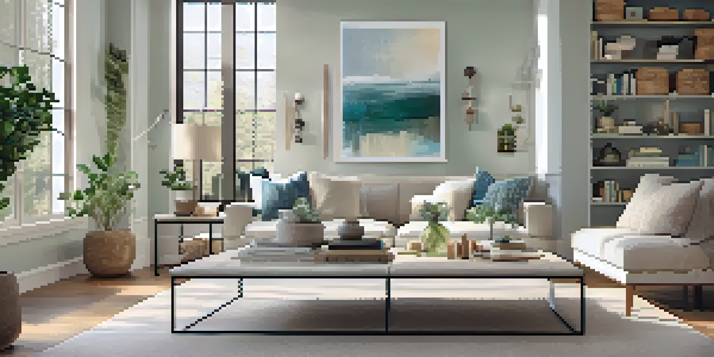 A staged living room with neutral colors, textured pillows, and an abstract art piece, illuminated by natural light.
