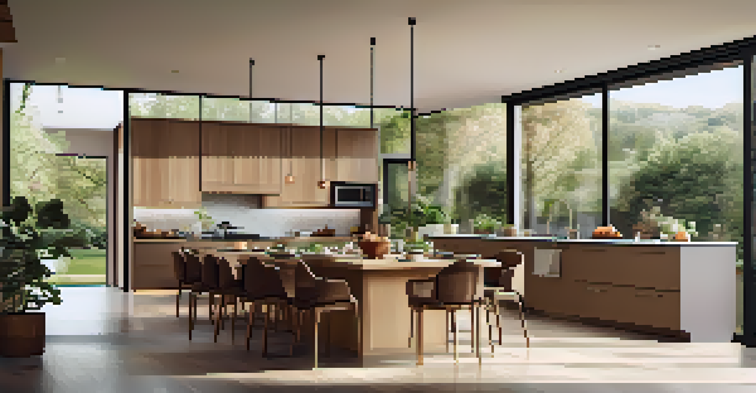 An open-concept kitchen and dining area with a large island and a stylish dining table, decorated in warm earth tones with views of a garden.