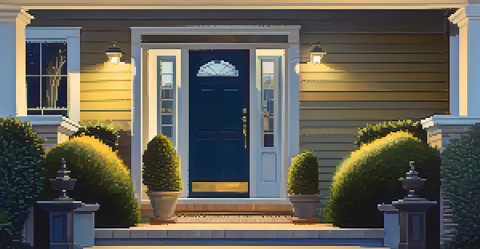 A modern home exterior at dusk, featuring a security camera above the door with a well-lit entryway and neatly trimmed hedges.