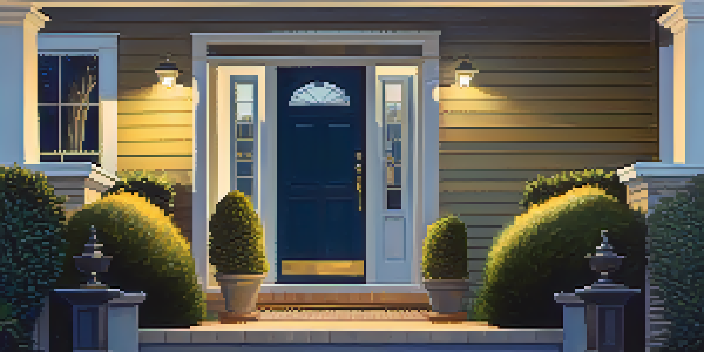 A modern home exterior at dusk, featuring a security camera above the door with a well-lit entryway and neatly trimmed hedges.