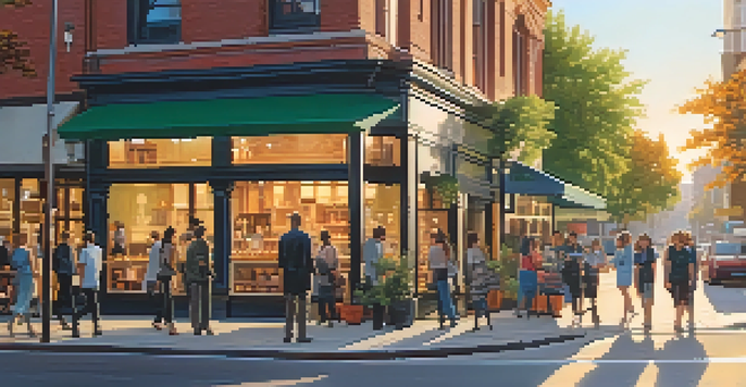 A lively city street filled with people, cafes, and modern buildings illuminated by golden hour sunlight.