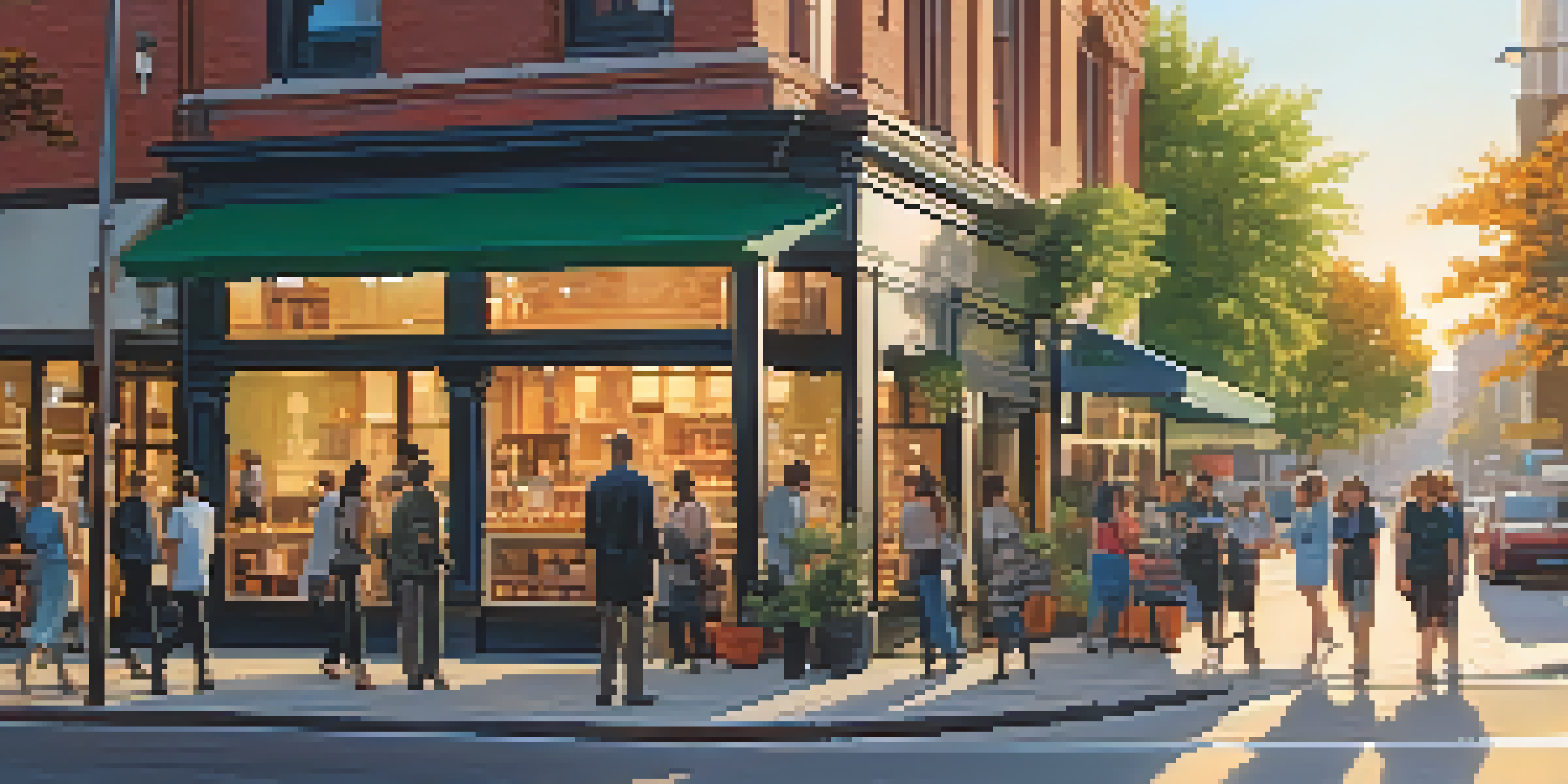 A lively city street filled with people, cafes, and modern buildings illuminated by golden hour sunlight.