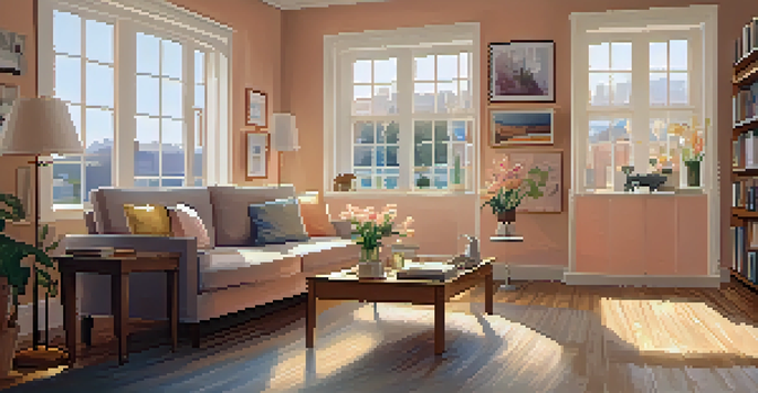 A cozy living room featuring a comfortable sofa, coffee table with flowers, and a bookshelf, illuminated by natural light from large windows.