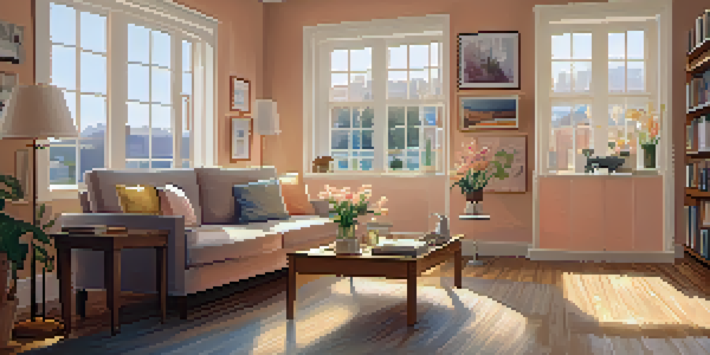A cozy living room featuring a comfortable sofa, coffee table with flowers, and a bookshelf, illuminated by natural light from large windows.