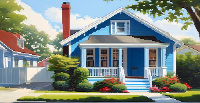 A renovated bungalow with a light blue exterior, white trim, and a colorful garden under bright sunlight, showcasing a welcoming front porch.