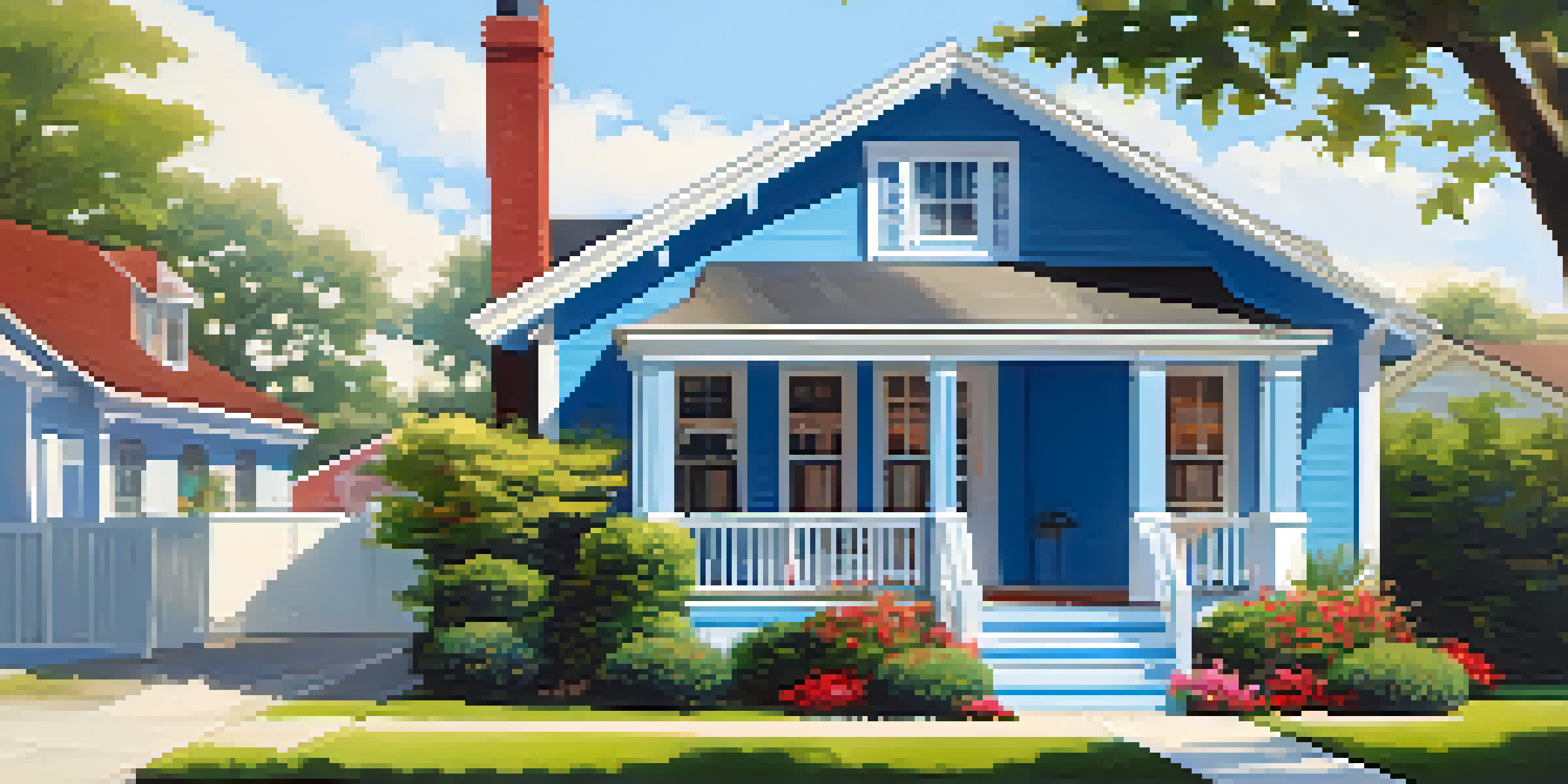 A renovated bungalow with a light blue exterior, white trim, and a colorful garden under bright sunlight, showcasing a welcoming front porch.