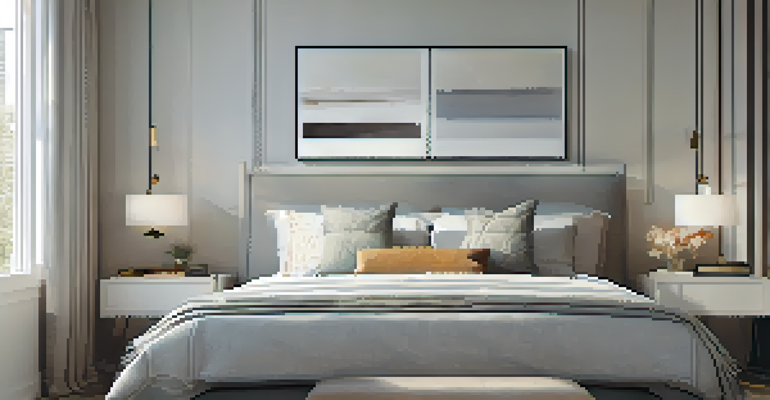 A tranquil bedroom in a furnished rental with a comfy bed, soft linens, and large windows allowing natural light to create a peaceful atmosphere.