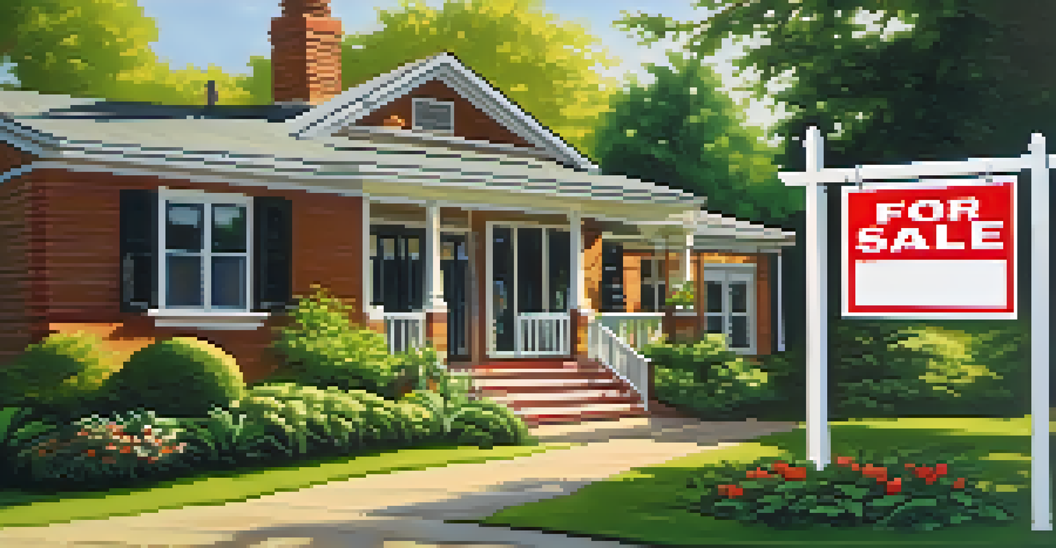 A close-up of a 'For Sale' sign in front of a charming house surrounded by greenery.