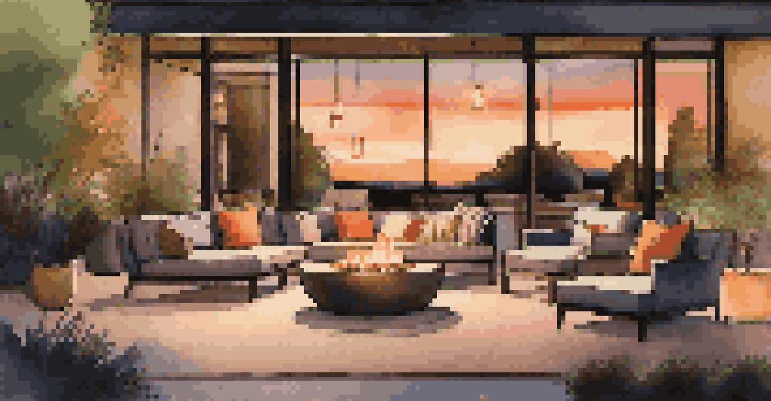 A stylish outdoor lounge with modern seating, fire pits, and ambient lighting during twilight, creating an inviting atmosphere.