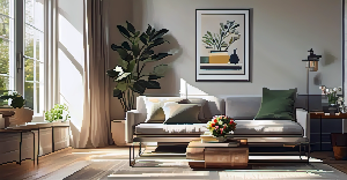 A cozy living room with a stylish sofa bed and a small coffee table, illuminated by sunlight from a large window.