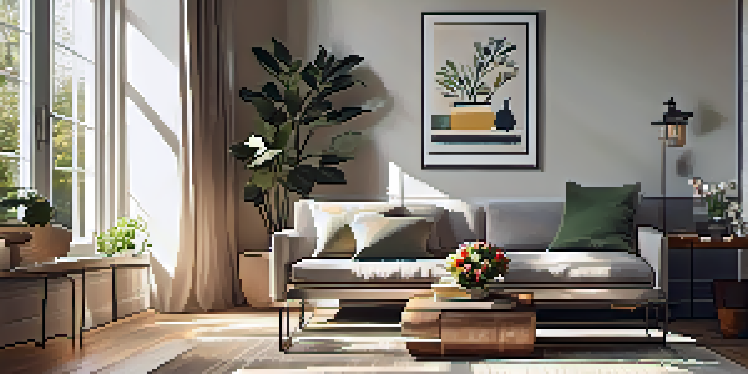 A cozy living room with a stylish sofa bed and a small coffee table, illuminated by sunlight from a large window.