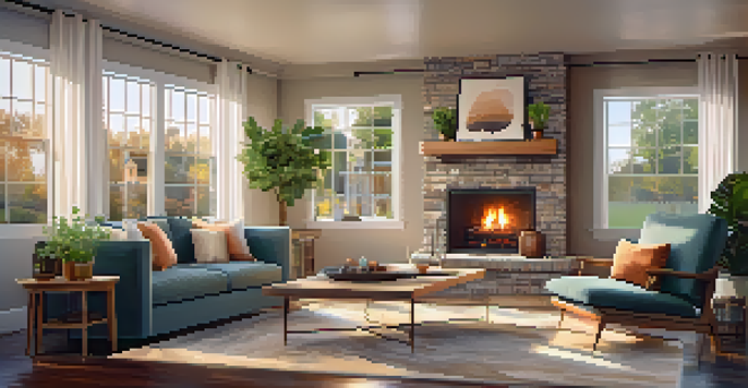 A warm and inviting living room with a fireplace, modern furniture, and soft lighting, showcasing home warranty brochures on a coffee table.
