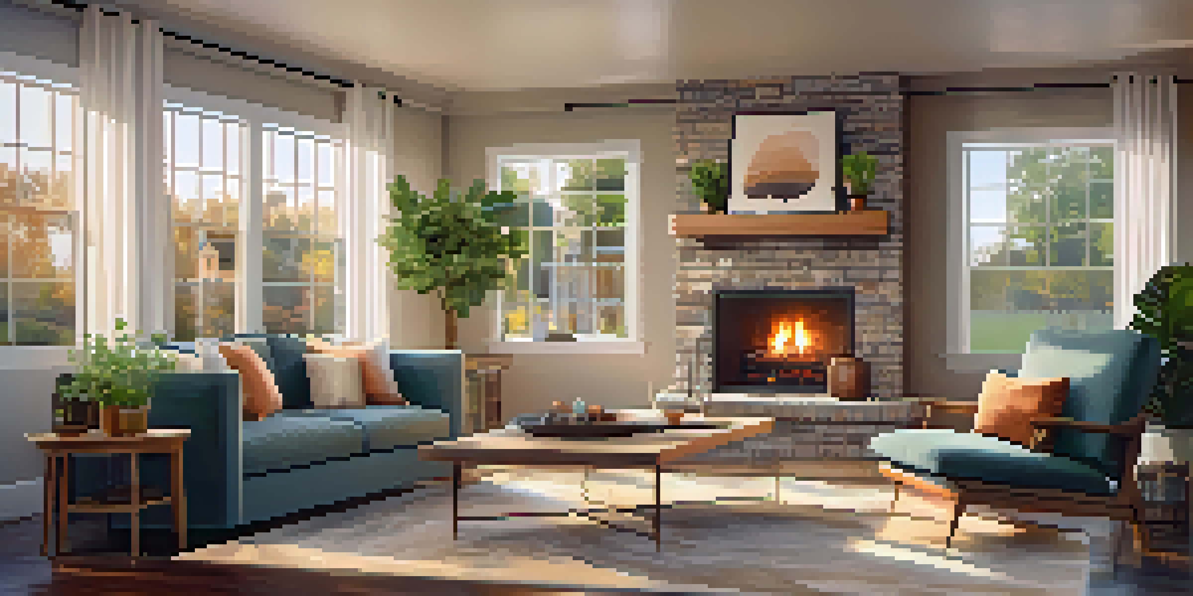 A warm and inviting living room with a fireplace, modern furniture, and soft lighting, showcasing home warranty brochures on a coffee table.