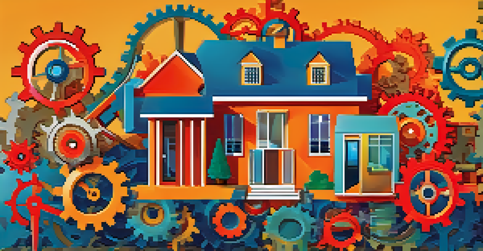 An artistic representation of real estate syndication with a house and interconnected gears, showcasing collaboration and benefits.