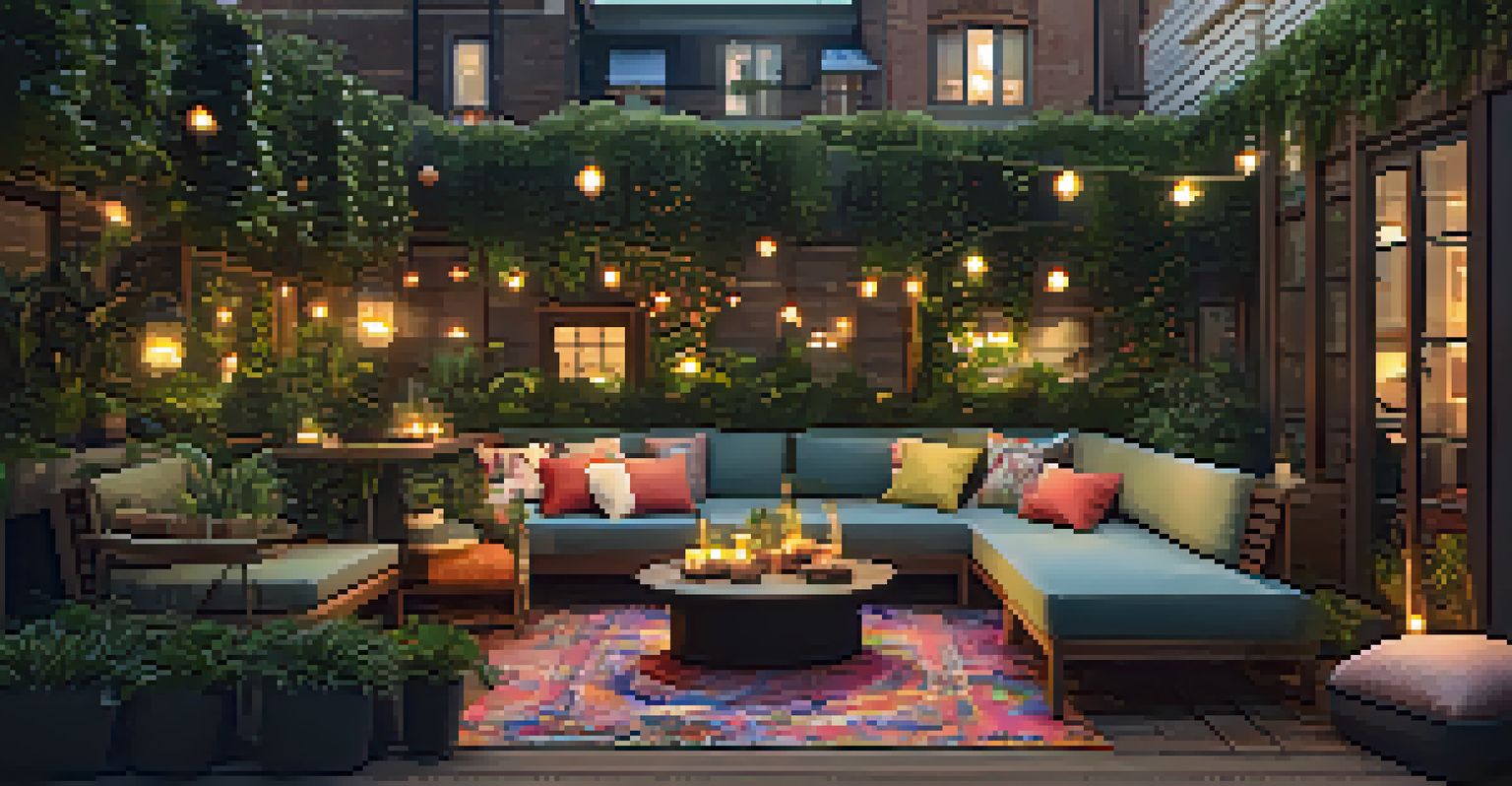 A divided outdoor space with a dining area and a lounge section, featuring rugs, greenery, lanterns, and soft lighting.