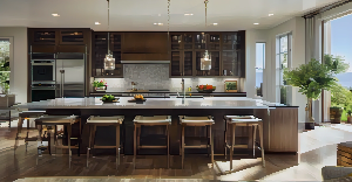 A contemporary kitchen with a central island, stainless steel appliances, and a view of a garden through a large window.