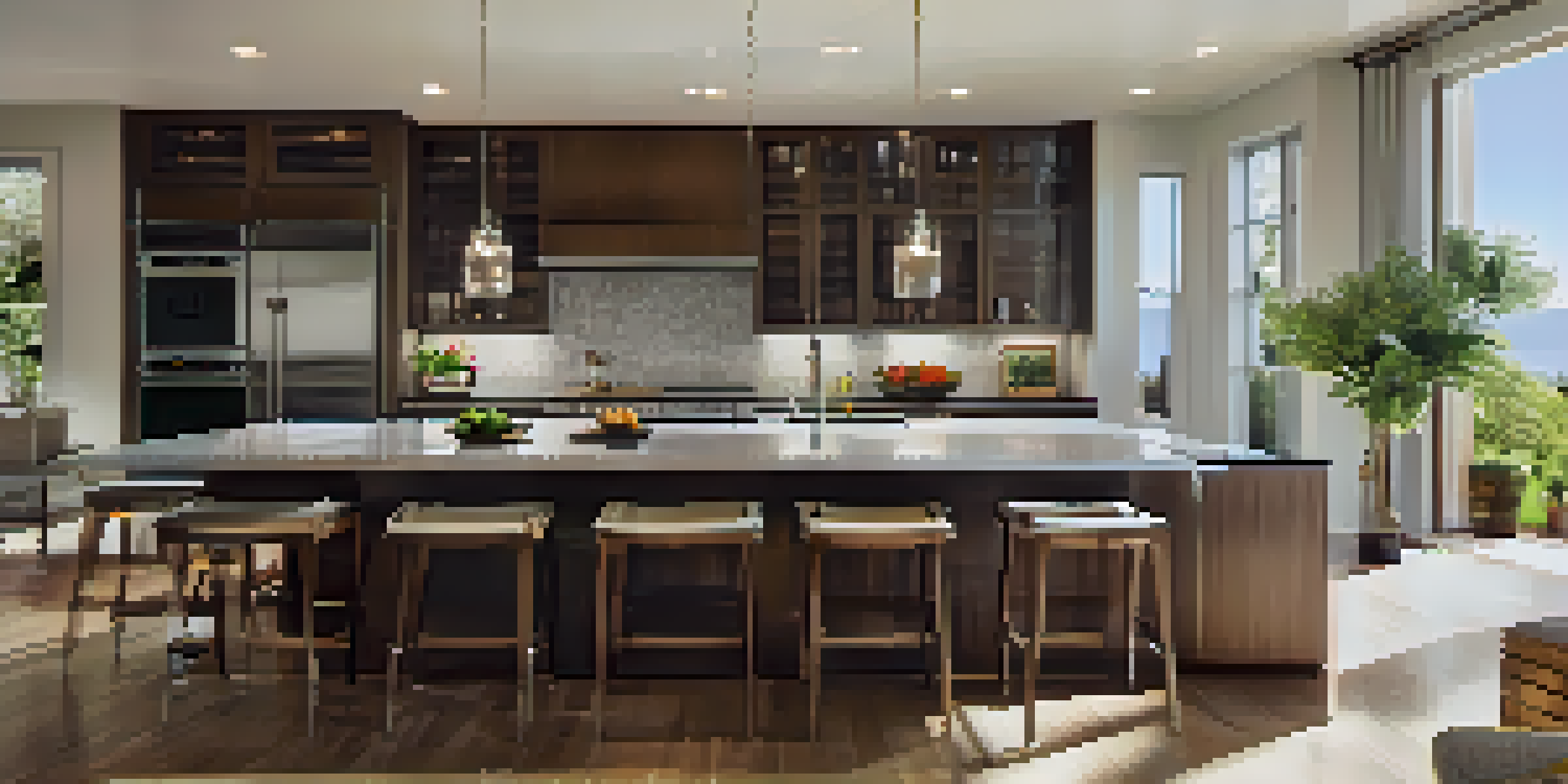 A contemporary kitchen with a central island, stainless steel appliances, and a view of a garden through a large window.