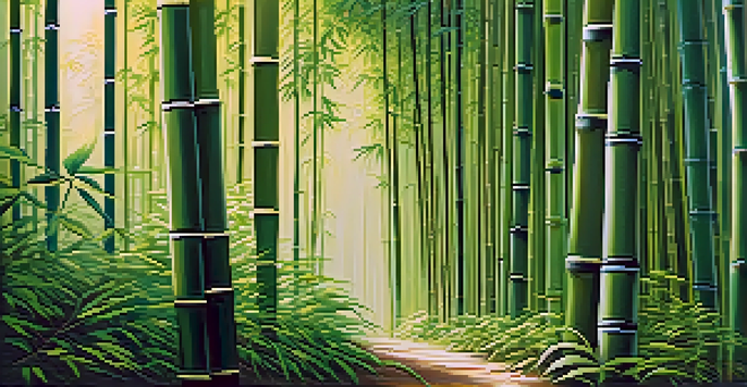 A tranquil bamboo forest bathed in sunlight, with shadows dancing on the ground.