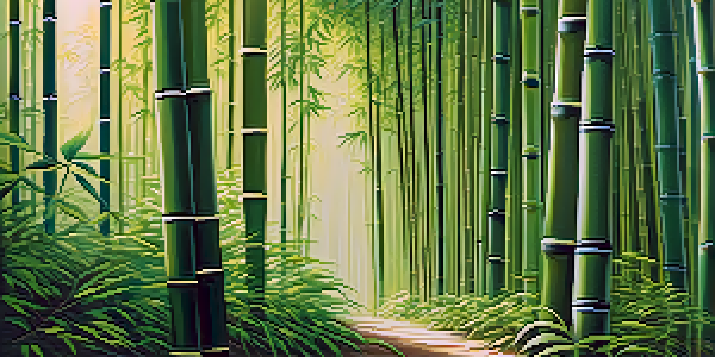 A tranquil bamboo forest bathed in sunlight, with shadows dancing on the ground.