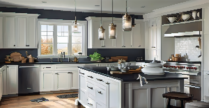 A modern kitchen with open layout undergoing renovation, featuring white cabinets and dark countertops, with tools and paint cans around.