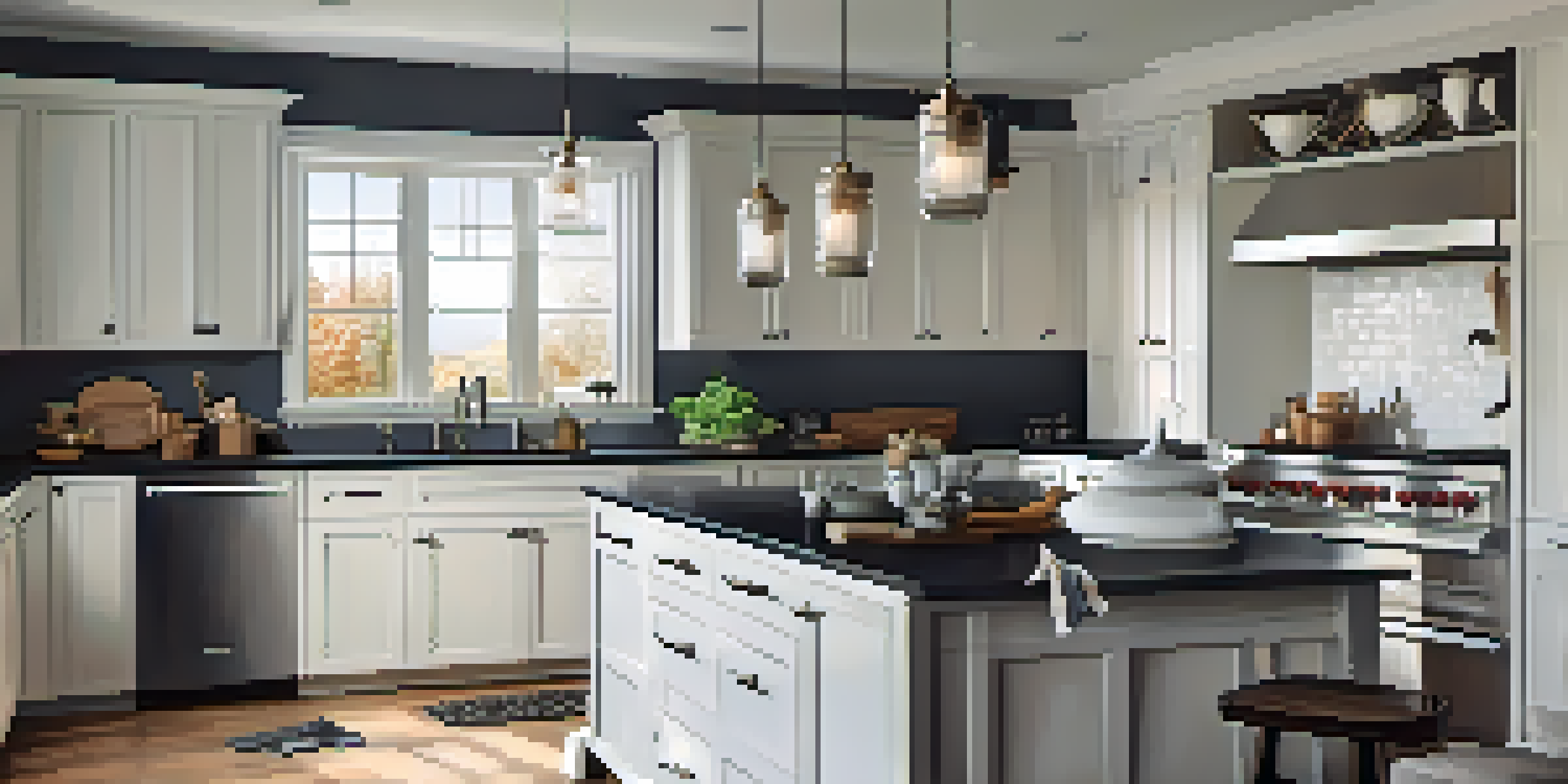 A modern kitchen with open layout undergoing renovation, featuring white cabinets and dark countertops, with tools and paint cans around.