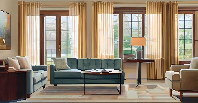 A cozy living room for seniors with a focus on accessibility and security, featuring a lever handle door and a security camera.