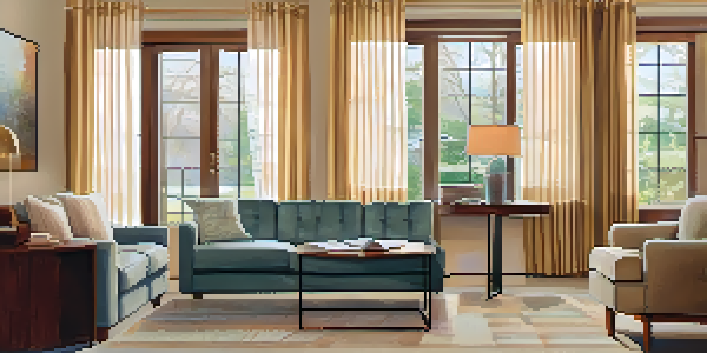 A cozy living room for seniors with a focus on accessibility and security, featuring a lever handle door and a security camera.